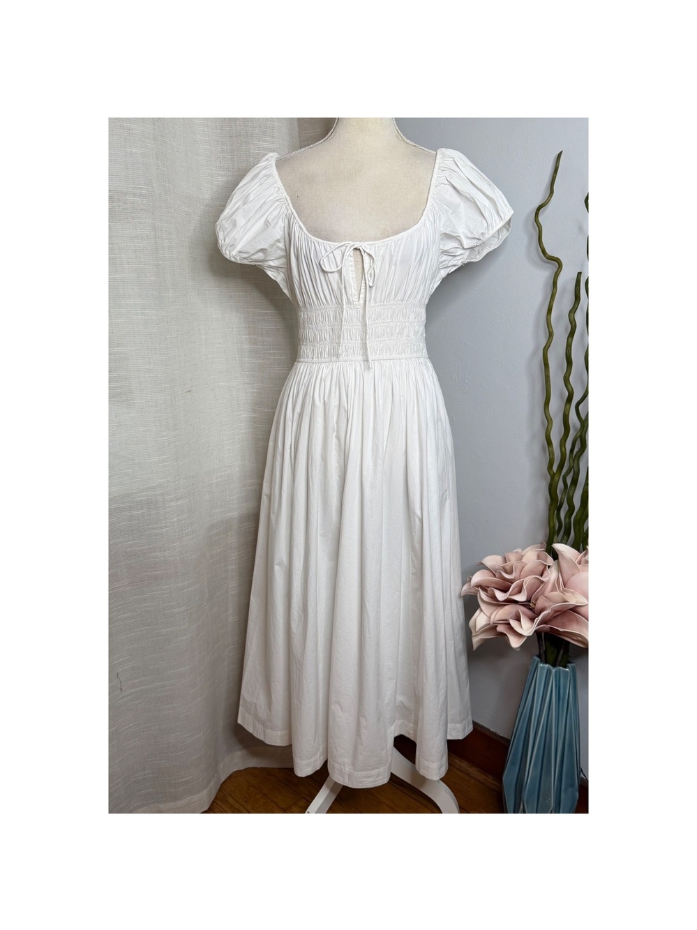 NWT DOEN Quinn Dress Smocked Organic Cotton Salt White Women's Size Medium